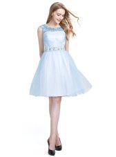 Pretty Light Blue Tulle Zipper Scoop Sleeveless Knee Length Club Wear Beading