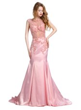 Mermaid Baby Pink Dress for Prom Prom and Party and For with Beading Scoop Sleeveless Brush Train Backless