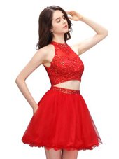 Sexy High-neck Sleeveless Party Dress Wholesale Mini Length Beading Coral Red Organza