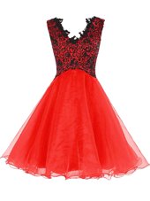 Coral Red Zipper Club Wear Lace Sleeveless Mini Length