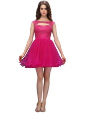 Fuchsia Bateau Neckline Beading Womens Party Dresses Sleeveless Zipper