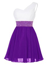 One Shoulder White And Purple Empire Beading Cocktail Dress Zipper Chiffon Sleeveless Mini Length