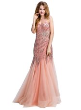 Most Popular Mermaid One Shoulder Peach Sleeveless Tulle Side Zipper Dress for Prom for Prom and Party