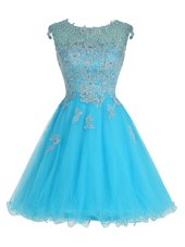 Charming Baby Blue Organza Zipper Scoop Sleeveless Mini Length Teens Party Dress Beading and Appliques