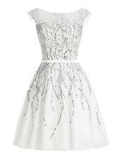 Scoop White Organza Zipper Party Dress for Girls Cap Sleeves Mini Length Beading