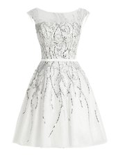 Scoop White Organza Zipper Party Dress for Girls Cap Sleeves Mini Length Beading