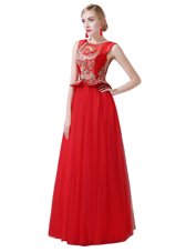Simple Scoop Sleeveless Prom Party Dress Floor Length Beading and Appliques Red Tulle