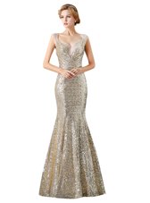 Ideal Mermaid Champagne Sleeveless Sequins Floor Length Prom Dress