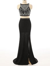 Super Black Two Pieces Scoop Sleeveless Chiffon With Brush Train Zipper Beading Dress for Prom
