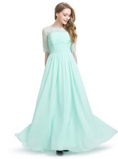 Perfect Turquoise Prom Dress Prom and Party and For with Lace Scoop Half Sleeves Lace Up