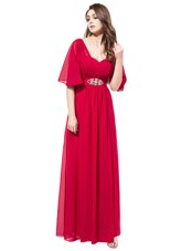 Inexpensive Floor Length Coral Red V-neck Half Sleeves Zipper