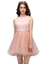Fashion Scoop Sleeveless Mini Length Beading and Lace Zipper Club Wear with Peach