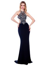 Fancy Navy Blue Silk Like Satin Criss Cross High-neck Sleeveless With Train Prom Dresses Sweep Train Beading