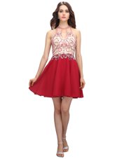 High-neck Sleeveless Cocktail Dress Mini Length Beading Red Chiffon