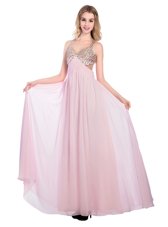 Captivating Lilac Empire V-neck Sleeveless Tulle Floor Length Criss Cross Beading and Bowknot Dress for Prom