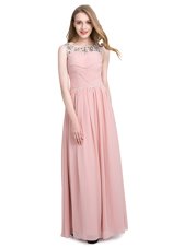 Scoop Floor Length Pink Prom Dresses Chiffon Sleeveless Beading