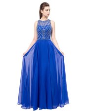 Scoop Sleeveless Floor Length Beading Royal Blue Chiffon