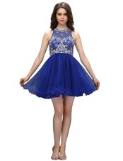 High End Royal Blue Zipper High-neck Beading Cocktail Dress Organza Sleeveless