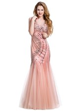 Flirting Mermaid Peach Sleeveless Tulle Lace Up Evening Gowns for Prom and Party