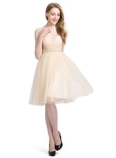 Sophisticated Clasp Handle Knee Length Champagne Womens Party Dresses Tulle Sleeveless Beading and Lace
