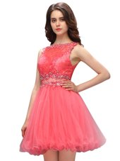 Flirting Watermelon Red Organza Zipper Bateau Sleeveless Mini Length Club Wear Beading and Lace