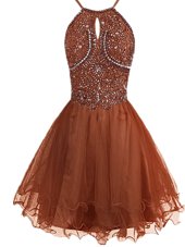 Romantic Brown A-line Organza Halter Top Sleeveless Beading Mini Length Zipper Cocktail Dresses