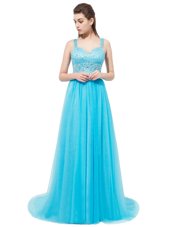 With Train Aqua Blue Dress for Prom Tulle Brush Train Sleeveless Beading