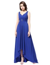 Superior V-neck Sleeveless Brush Train Zipper Dress for Prom Royal Blue Chiffon