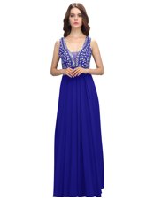 Royal Blue Chiffon Zipper Straps Sleeveless Floor Length Prom Evening Gown Beading