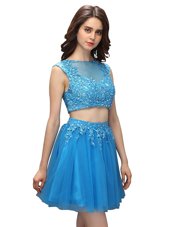 Tulle Asymmetric Sleeveless Zipper Beading and Appliques Cocktail Dresses in Baby Blue