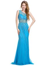 Nice One Shoulder Sleeveless With Train Beading Zipper Prom Party Dress with Baby Blue Brush Train