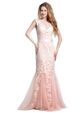 Scoop Cap Sleeves Brush Train Zipper With Train Lace and Appliques Prom Evening Gown