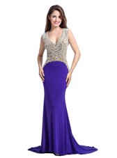 With Train Purple Evening Dress V-neck Sleeveless Brush Train Backless