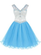 Colorful Baby Blue V-neck Neckline Beading Party Dress Sleeveless Zipper