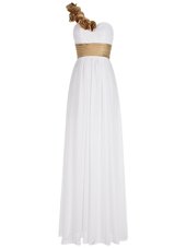 One Shoulder White Sleeveless Floor Length Ruching Zipper Juniors Party Dress