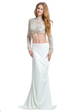 With Train White Prom Gown High-neck Long Sleeves Brush Train Backless