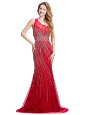 Customized One Shoulder Red Sleeveless Tulle Brush Train Zipper Prom Evening Gown for Prom and Party