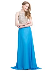 Scoop Blue Column/Sheath Beading Zipper Chiffon Sleeveless With Train