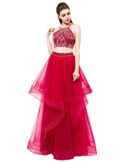 Hot Sale Red Zipper Evening Wear Beading Sleeveless Floor Length