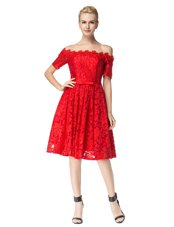 Cheap Off the Shoulder Red A-line Lace Club Wear Zipper Lace Sleeveless Knee Length