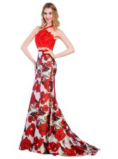 Flirting Mermaid Multi-color Printed Zipper Halter Top Sleeveless With Train Evening Party Dresses Brush Train Lace and Pattern