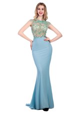 Gorgeous Scoop Light Blue Column/Sheath Beading Prom Evening Gown Zipper Silk Like Satin Sleeveless With Train
