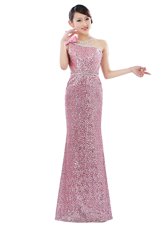 Chic One Shoulder Sequins Prom Evening Gown Pink Zipper Sleeveless Floor Length
