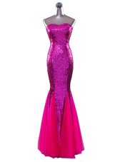 Delicate Mermaid Floor Length Zipper Prom Gown Fuchsia and In for Prom and Party with Sequins