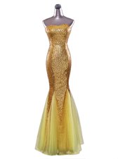 Mermaid Gold Prom Evening Gown Prom and Party and For with Sequins Strapless Sleeveless Zipper