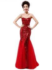 Elegant Mermaid Sequins Wine Red Evening Dress Strapless Sleeveless Zipper