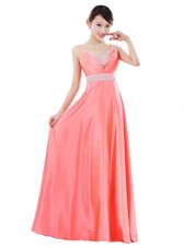 Pretty V-neck Sleeveless Elastic Woven Satin Evening Dress Beading Zipper