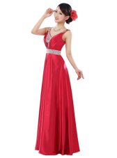 Coral Red Zipper V-neck Beading Prom Gown Elastic Woven Satin Sleeveless