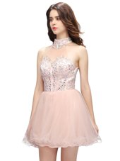 Noble High-neck Sleeveless Zipper Club Wear Pink Organza