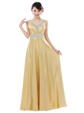 Wonderful Sleeveless Chiffon Floor Length Zipper Prom Evening Gown in Gold for with Beading